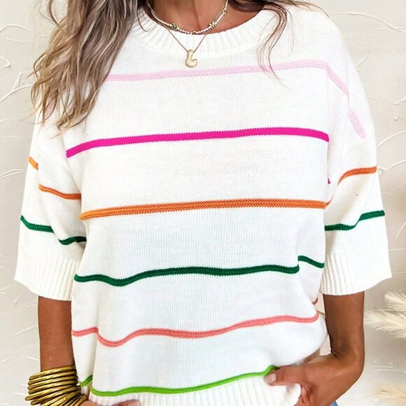 Multicolor Casual Women's Stripe Pattern Batwing 3/4 Sleeve Loose Sweater - Picture 3 of 9